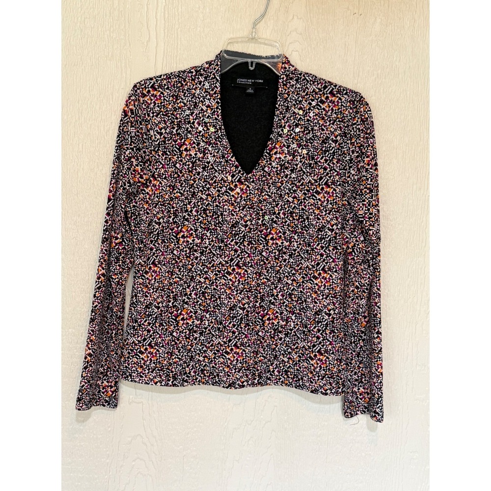 Jones New York Collection Geometric Mosaic Sequin V-Neck Knit Top Pink Orange‎ M
